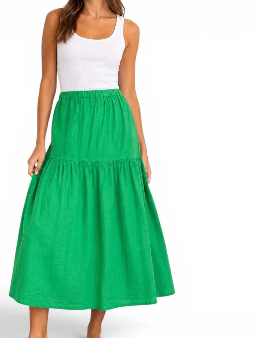 Left On Friday Beach Linen Green Tiered Midi Skirt Elastic Waist S - Picture 2 of 5
